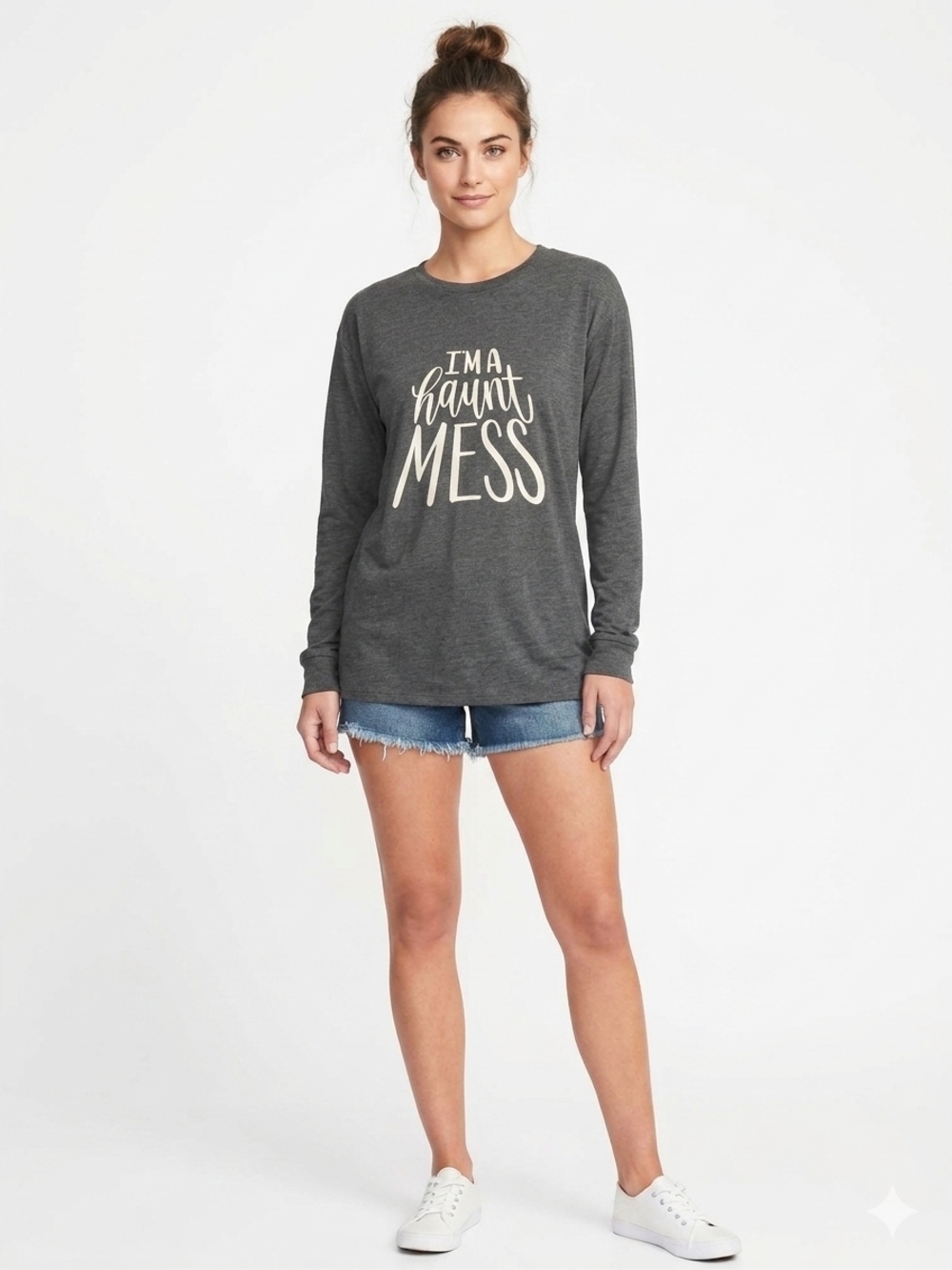 Charcoal 'I'm a Haunt Mess' Graphic Long-Sleeve Tee Up To Size 3XL